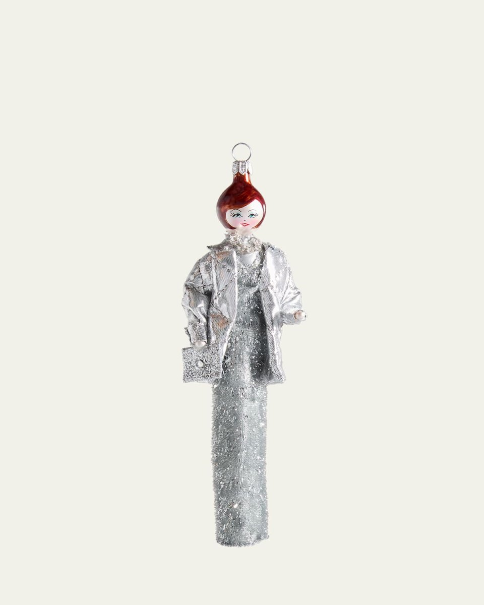 Fashionista in Silver Dress and Coat Christmas Ornament